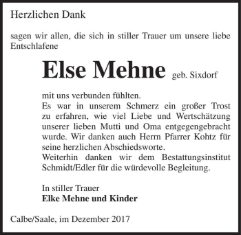 Traueranzeige von Ele Mehne (geb. Sixdorf)  von Magdeburger Volksstimme