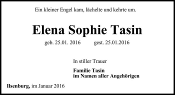 Traueranzeige von Elena Sophie Tasin  von Magdeburger Volksstimme