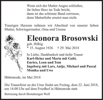 Traueranzeige von Eleonora Brosowski (geb. Hilbig)  von Magdeburger Volksstimme