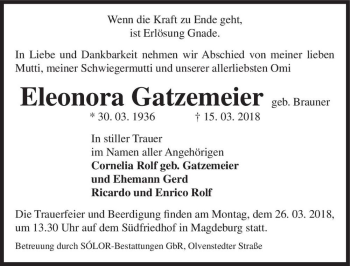 Traueranzeige von Eleonora Gatzemeier (geb. Brauner)  von Magdeburger Volksstimme