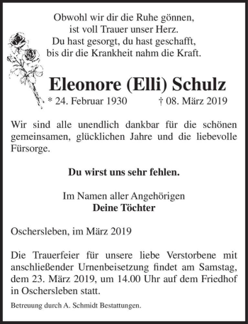 Traueranzeige von Eleonore (Elli) Schulz  von Magdeburger Volksstimme