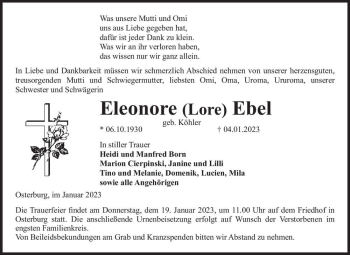 Traueranzeige von Eleonore (Lore) Ebel (geb. Köhler)  von Magdeburger Volksstimme
