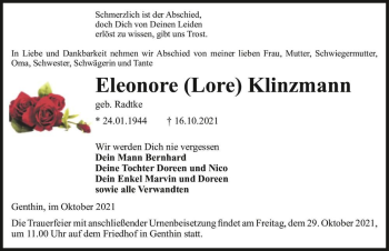 Traueranzeige von Eleonore (Lore) Klinzmann (geb. Radtke)  von Magdeburger Volksstimme