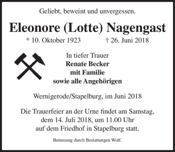 Traueranzeige von Eleonore (Lotte) Nagengast  von Magdeburger Volksstimme