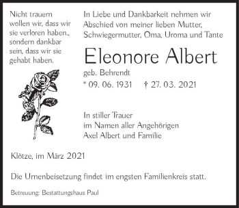 Traueranzeige von Eleonore Albert (geb. Behrendt)  von Magdeburger Volksstimme