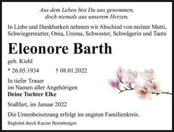 Traueranzeige von Eleonore Barth (geb. Kiehl)  von Magdeburger Volksstimme