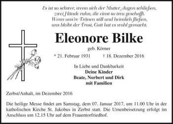 Traueranzeige von Eleonore Bilke (geb. Körner)  von Magdeburger Volksstimme