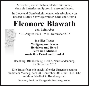 Traueranzeige von Eleonore Blawath (geb. Leinweber)  von Magdeburger Volksstimme