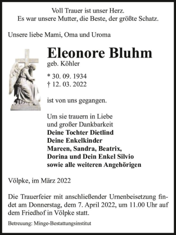 Traueranzeige von Eleonore Bluhm (geb. Köhler)  von Magdeburger Volksstimme