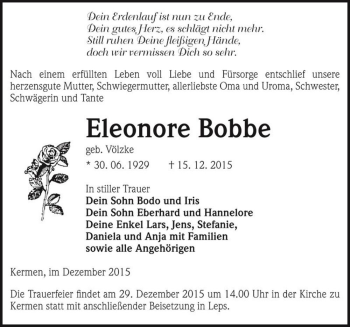Traueranzeige von Eleonore Bobbe (geb. Völzke)  von Magdeburger Volksstimme