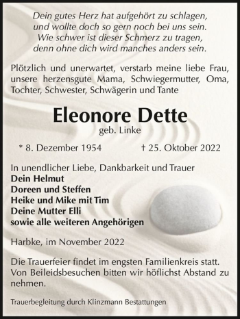 Traueranzeige von Eleonore Dette (geb. Linke)  von Magdeburger Volksstimme