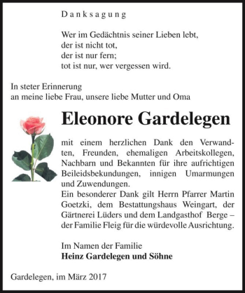 Traueranzeige von Eleonore Gardelegen  von Magdeburger Volksstimme