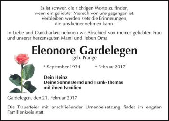 Traueranzeige von Eleonore Gardelegen (geb. Prange)  von Magdeburger Volksstimme