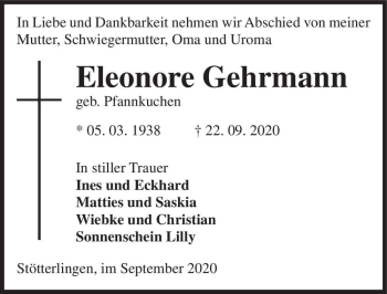 Traueranzeige von Eleonore Gehrmann (geb. Pfannkuchen)  von Magdeburger Volksstimme