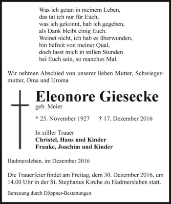 Traueranzeige von Eleonore Giesecke (geb. Meier)  von Magdeburger Volksstimme