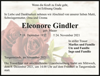 Traueranzeige von Eleonore Gindler (geb. Mauer)  von Magdeburger Volksstimme