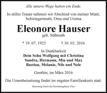 Traueranzeige von Eleonore Hauser (geb. Süßmuth)  von Magdeburger Volksstimme