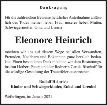 Traueranzeige von Eleonore Heinrich  von Magdeburger Volksstimme
