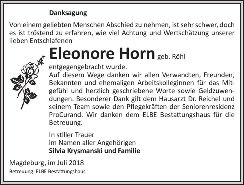  Traueranzeige für Eleonore Horn (geb. Röhl)  vom 07.07.2018 aus Magdeburger Volksstimme