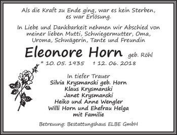 Traueranzeige von Eleonore Horn (geb. Röhl)  von Magdeburger Volksstimme