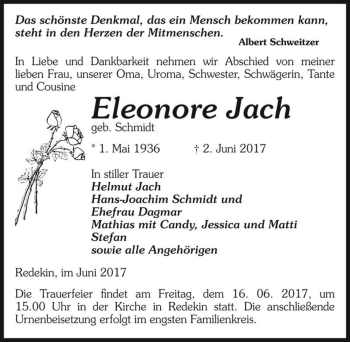 Traueranzeige von Eleonore Jach (geb. Schmidt)  von Magdeburger Volksstimme