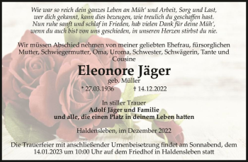 Traueranzeige von Eleonore Jäger (geb. Müller)  von Magdeburger Volksstimme