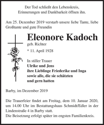 Traueranzeige von Eleonore Kadoch (geb. Richter)  von Magdeburger Volksstimme