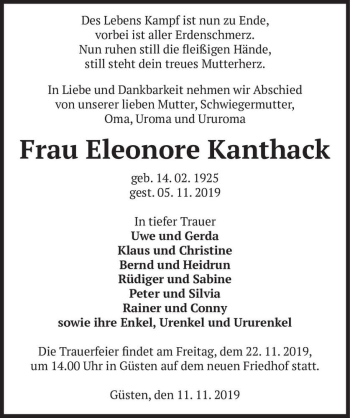 Traueranzeige von Eleonore Kanthack  von Magdeburger Volksstimme