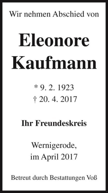 Traueranzeige von Eleonore Kaufmann  von Magdeburger Volksstimme