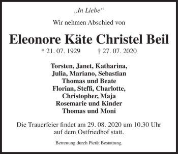 Traueranzeige von Eleonore Käte Christel Beil  von Magdeburger Volksstimme