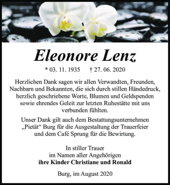Traueranzeige von Eleonore Lenz  von Magdeburger Volksstimme