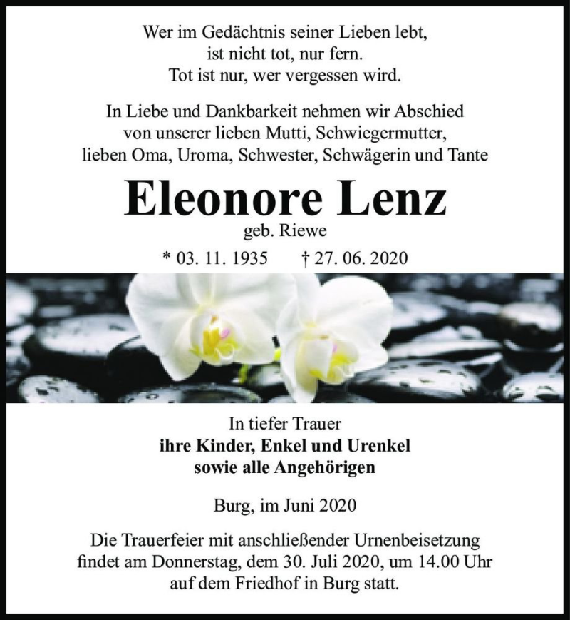  Traueranzeige für Eleonore Lenz (geb. Riewe)  vom 04.07.2020 aus Magdeburger Volksstimme