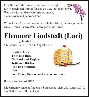 Traueranzeige von Eleonore Lindstedt (Lori) (geb. Abel)  von Magdeburger Volksstimme