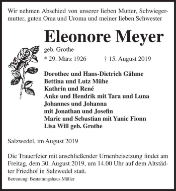Traueranzeige von Eleonore Meyer (geb. Grothe)  von Magdeburger Volksstimme