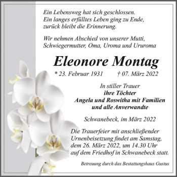 Traueranzeige von Eleonore Montag  von Magdeburger Volksstimme