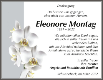 Traueranzeige von Eleonore Montag  von Magdeburger Volksstimme