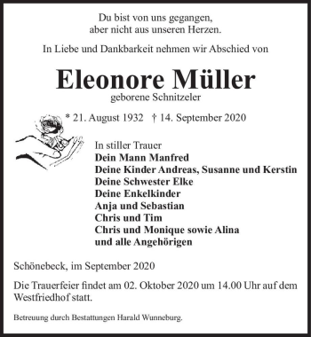 Traueranzeige von Eleonore Müller (geb. Schnitzeler)  von Magdeburger Volksstimme