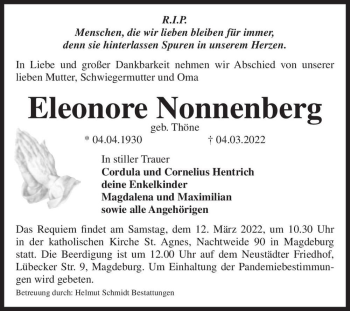 Traueranzeige von Eleonore Nonnenberg (geb. Thöne)  von Magdeburger Volksstimme