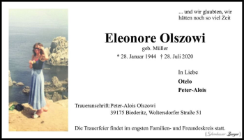 Traueranzeige von Eleonore Olszowi (geb. Müller)  von Magdeburger Volksstimme