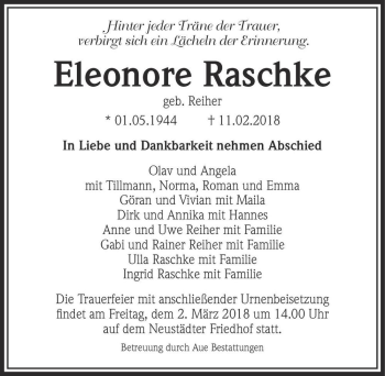 Traueranzeige von Eleonore Raschke (geb. Reiher)  von Magdeburger Volksstimme