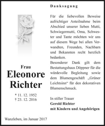 Traueranzeige von Eleonore Richter  von Magdeburger Volksstimme