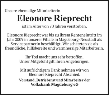 Traueranzeige von Eleonore Rieprecht  von Magdeburger Volksstimme