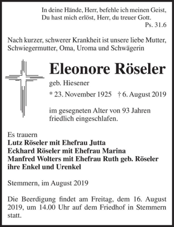 Traueranzeige von Eleonore Röseler (geb. Hiesener)  von Magdeburger Volksstimme