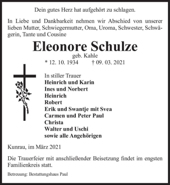 Traueranzeige von Eleonore Schulze (geb. Kahle)  von Magdeburger Volksstimme