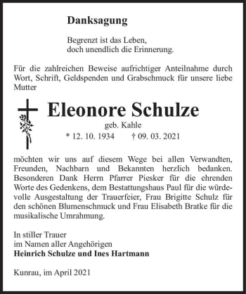 Traueranzeige von Eleonore Schulze (geb. Kahle)  von Magdeburger Volksstimme