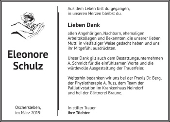 Traueranzeige von Eleonore Schuz  von Magdeburger Volksstimme