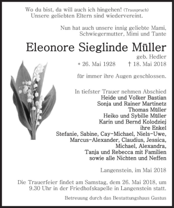 Traueranzeige von Eleonore Sieglinde Müller (geb. Hedler )  von Magdeburger Volksstimme