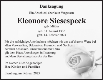 Traueranzeige von Eleonore Siesespeck (geb. Müller)  von Magdeburger Volksstimme
