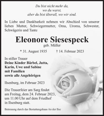 Traueranzeige von Eleonore Siesespeck (geb. Müller)  von Magdeburger Volksstimme