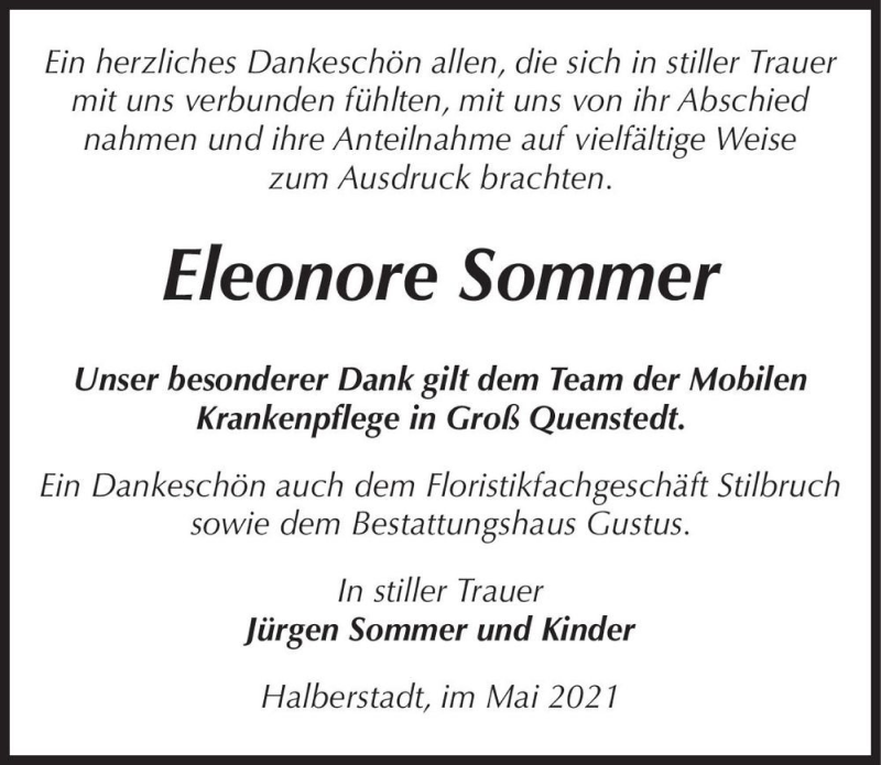  Traueranzeige für Eleonore Sommer  vom 05.06.2021 aus Magdeburger Volksstimme